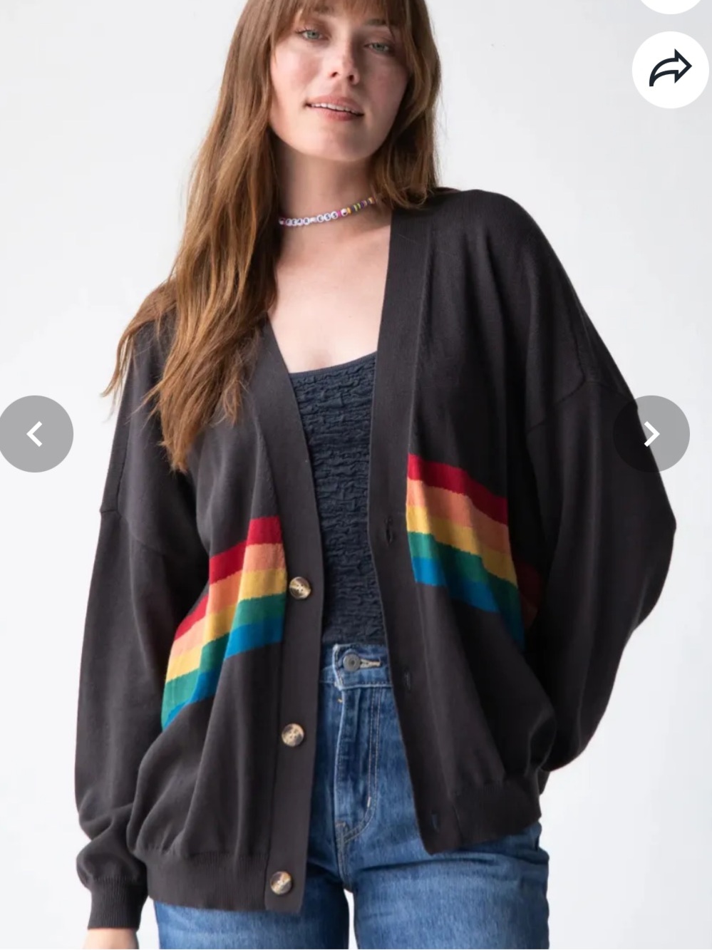NATURAL LIFE Live Happy Cardigan Sweater Cardigan Rainbow Bands Charcoal Cotton - Picture 6 of 15
